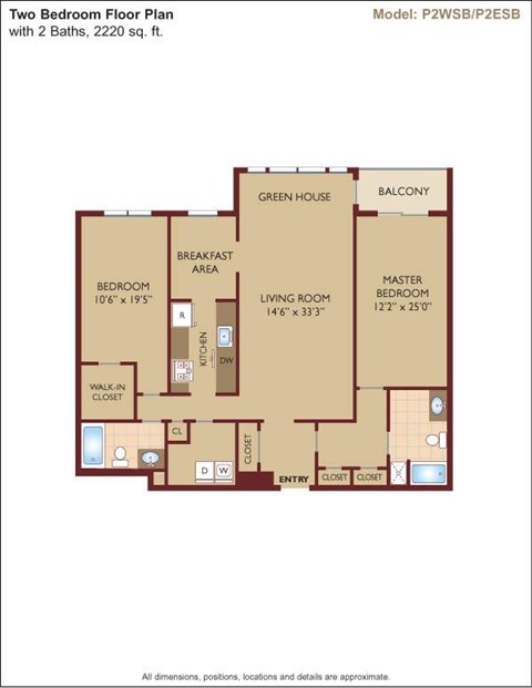 Floor plan for 2 beds, 2 baths, 1740 sqft